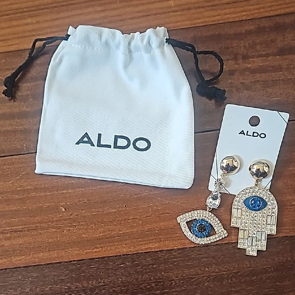 Aldo Gold Hamsa & Eye Drop Earrings with Blue Crystals Comes W Accessory Pouch - Picture 5 of 6
